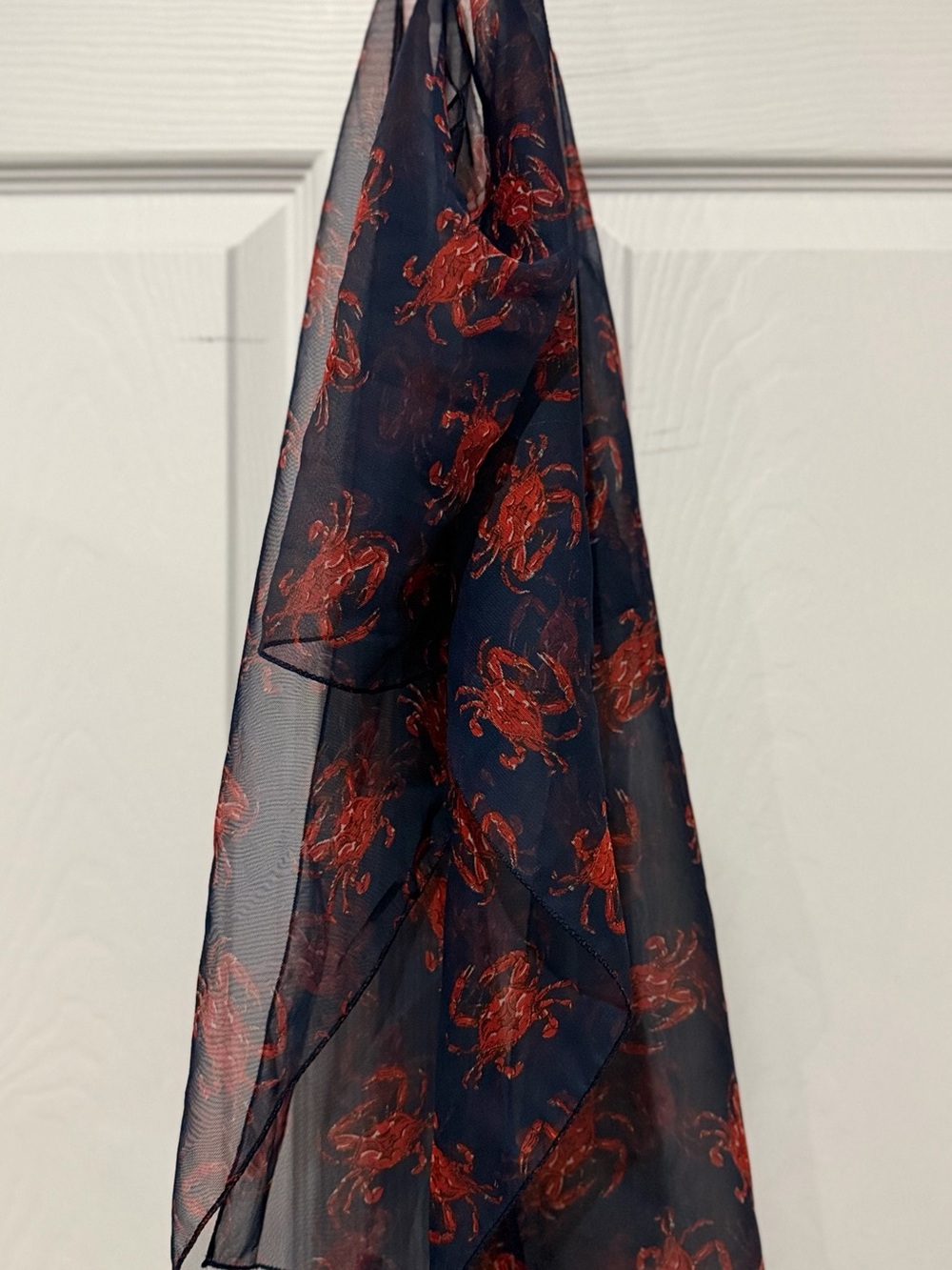 Navy Blue Sheer Scarf with Red Crab Print